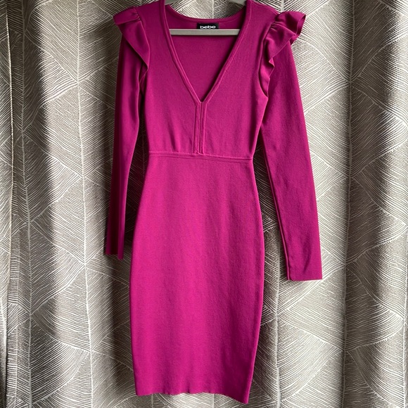 Bebe Shoulder Ruffle Dress Bright Rose Pink Size XXS - Picture 2 of 5